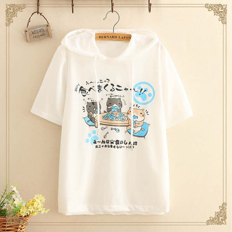 Cute Ladies Short Sleeve Hoodie Party Cat