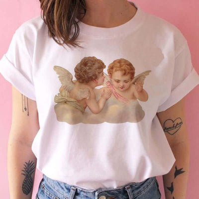 Cute Cartoon Angel Baby Print Ladies Short Sleeve